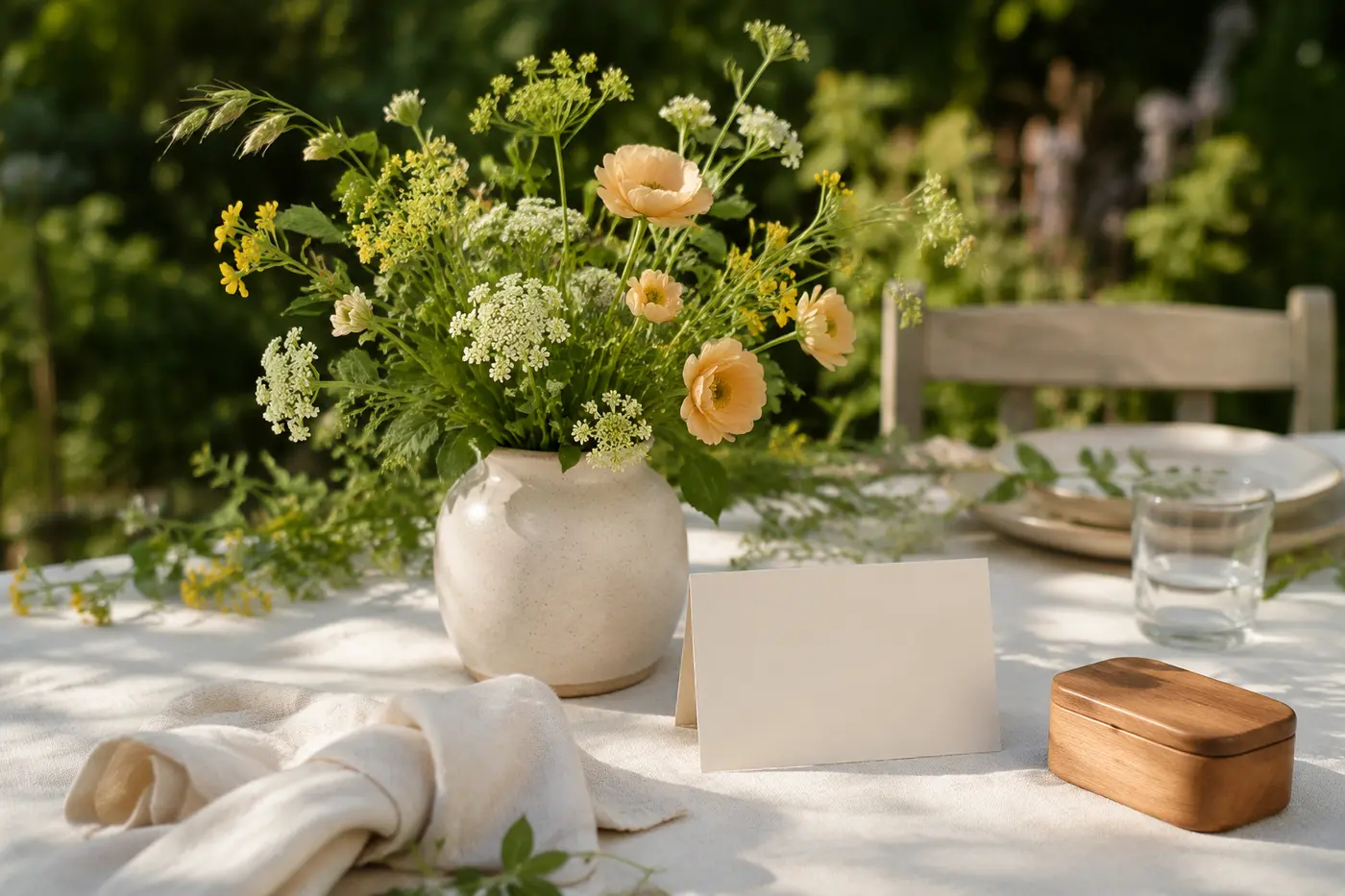 Blommor och ett tomt placeringskort på ett dukat trädgårdsbord