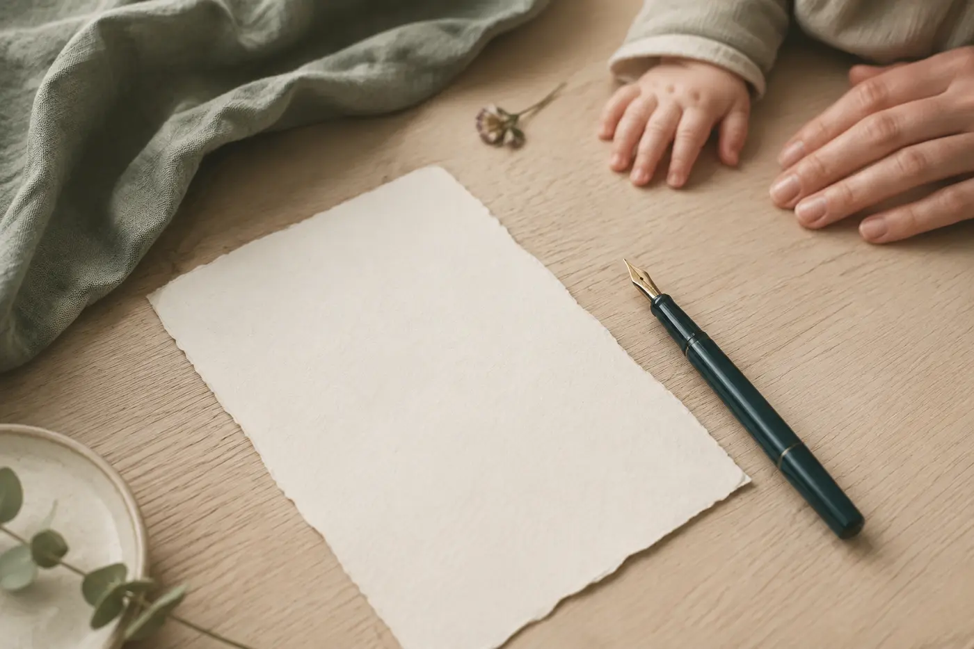 Tomt handgjort papper, penna och händer på ett träbord